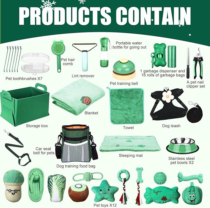 Abbylike 50 Pcs Puppy Supplies Starter Kit for Small Dogs Puppy Essentials Includes Leash, Bowls, Teeth Brushes, Water Bottle, and More Accessories for Dogs Christmas Welcome Gift(Green)