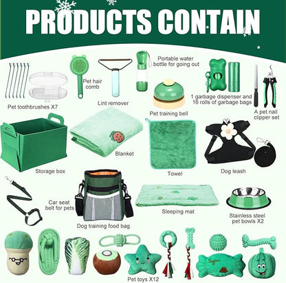 Abbylike 50 Pcs Puppy Supplies Starter Kit for Small Dogs Puppy Essentials Includes Leash, Bowls, Teeth Brushes, Water Bottle, and More Accessories for Dogs Christmas Welcome Gift(Green)