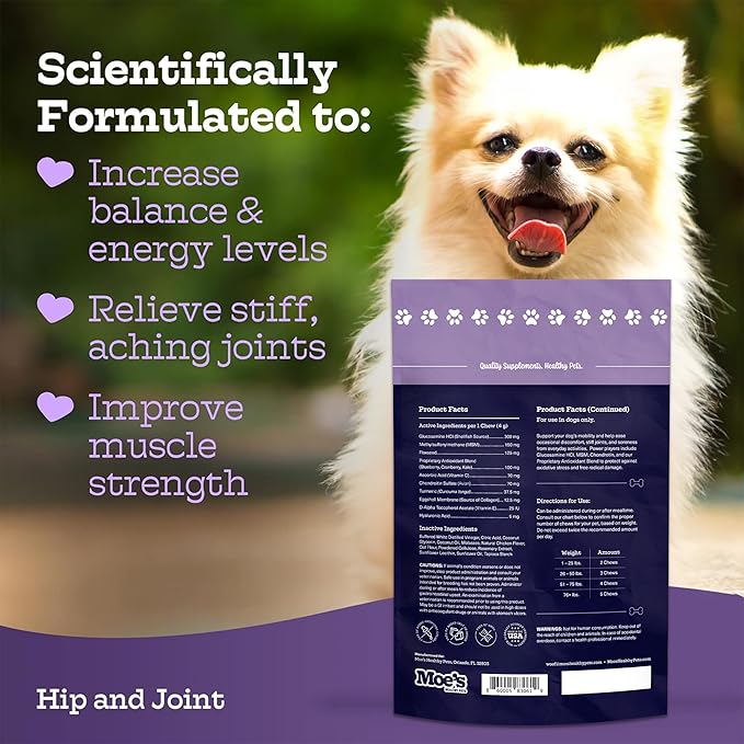 Moe_ Dog Joint Supplement 90 Soft Chews  Glucosamine, Chondroitin & Hyaluronic Acid with Vitamins C & E  Advanced Hip and Joint Support for Dogs  Ideal for Bone Health & Joint Pain Relief
