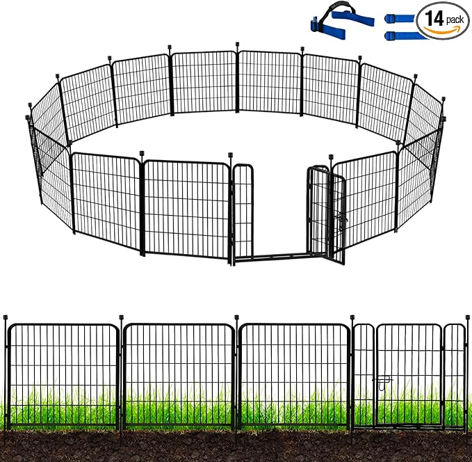 ADAVIN Garden Fence with Gate 36 in(H)_31 Ft(L) 14 Panels, Camping Fence, Tall Animal Barrier Fence, Pet Fences for Dogs Outside, Black Metal Decorative Garden Fencing, Flower Bed Fencing