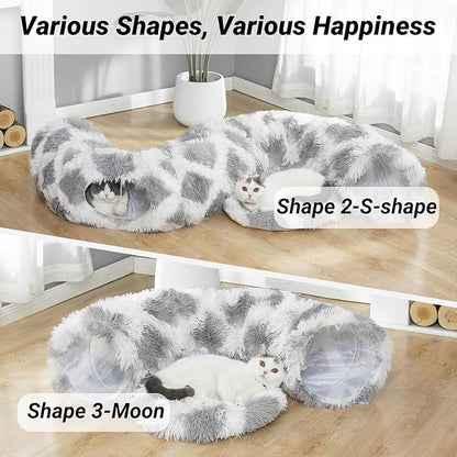 LUCKITTY Warm Fluffy Plush Cat Dog Tunnel Bed with Washable Cushion- Big Tube Playground Toys 3 FT Diameter Collapsible, for Indoor Cat Kitty Kitten Puppy Rabbit Ferret Gray-White Diamond Pattern