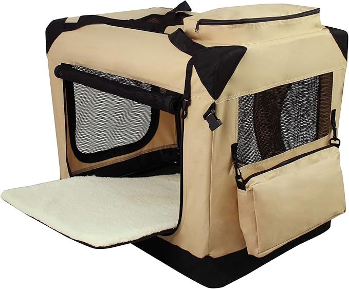 EliteField 3-Door Folding Soft Dog Crate with Carrying Bag and Fleece Bed (2 Year Warranty), Indoor & Outdoor Pet Home (30" L x 21" W x 24" H, Beige)