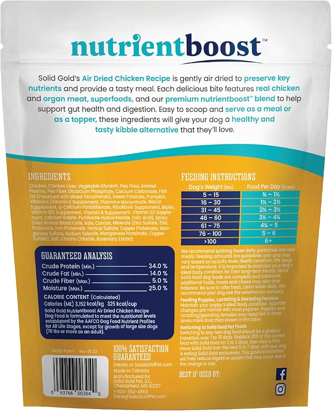 Solid Gold Air Dried Dog Food Toppers for Picky Eaters - Healthy Dog Treats Made with Real Chicken to Serve as Meal Topper or Dog Treat - Supports Muscle Growth, Immunity, and Healthy Digestion - 4 oz