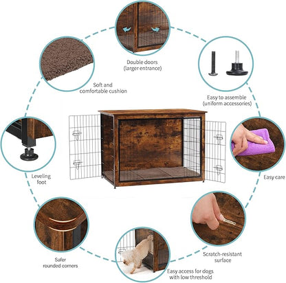 DWANTON Dog Crate Furniture with Cushion, XL Wooden Dog Crate with Double Doors, Large Dog Crate Furniture, Dog Kennel Indoor, Extra Large, 43.3" L, Rustic Brown