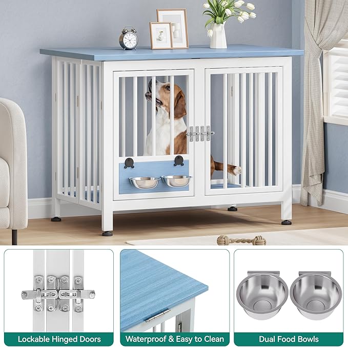 YITAHOME 39.3" Foldable Dog Crate Furniture, Portable Wooden Kennel End Table with Adjustable Feet & 360° Rotatable Bowls, Perfect for Small to Medium Dogs, Blue