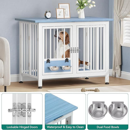 YITAHOME 39.3" Foldable Dog Crate Furniture, Portable Wooden Kennel End Table with Adjustable Feet & 360° Rotatable Bowls, Perfect for Small to Medium Dogs, Blue