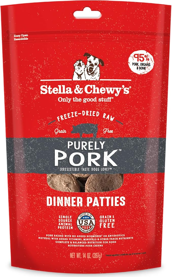 Stella & Chewy's Freeze Dried Raw Dinner Patties  Grain Free Dog Food, Protein Rich Purely Pork Recipe  14 oz Bag (Packaging may vary)