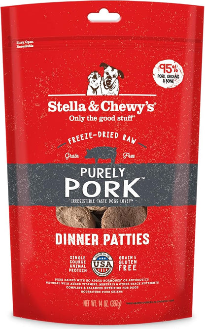 Stella & Chewy's Freeze Dried Raw Dinner Patties  Grain Free Dog Food, Protein Rich Purely Pork Recipe  14 oz Bag (Packaging may vary)