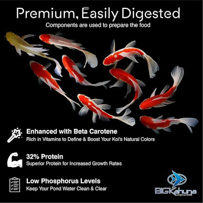 Big Kahuna Koi Fish Food- 45lbs Food – Made in The USA - Floating Pellets – 3/16" - 1/4" Pellet Size – 32% Protein Fish Food – Rich in Nutrients