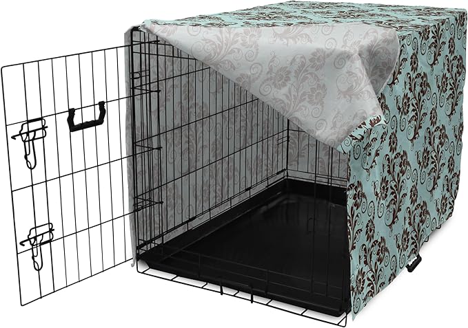 Ambesonne Art Nouveau Dog Crate Cover, Vintage Swirls Vibrant Foliage Damask Style Classic Renaissance, Easy to Use Pet Kennel Cover for Medium Large Dogs, 36 Inch, Seal Brown and Pale Blue