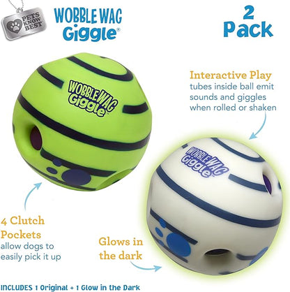 Wobble Wag Giggle Ball 2 Pack- Interactive Dog Toy, Fun Giggle Sounds When Rolled or Shaken, Pets Know Best, 1 Original & 1 Glow in The Dark Ball