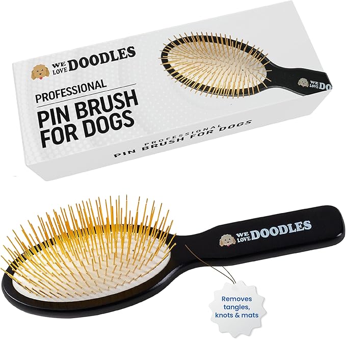 Pet Grooming Detangler Pin Dog Brush For Shedding and Removing Loose Fur, Lightweight Beech Wood with Gold Plated Pins for Long Hair [We Love Doodles]