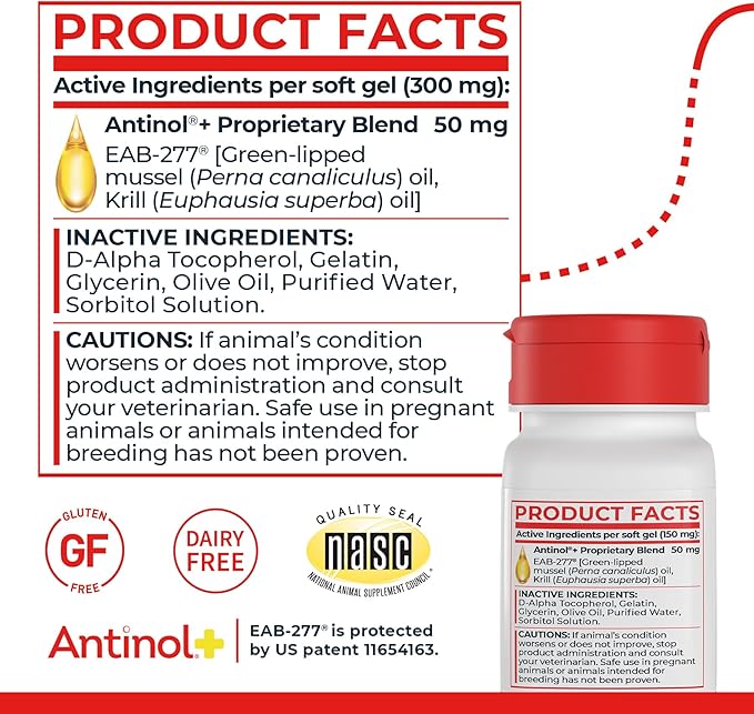 Antinol Plus, Mobility, Hip, and Joint Supplement for Cats, Green-Lipped Mussels and Krill Oil - Cat Joint Supplement, 60 Soft Gels