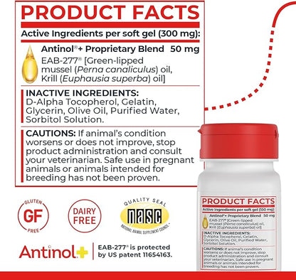 Antinol Plus, Mobility, Hip, and Joint Supplement for Cats, Green-Lipped Mussels and Krill Oil - Cat Joint Supplement, 60 Soft Gels