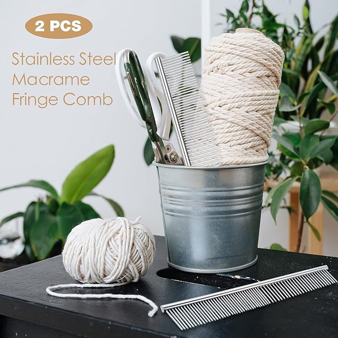 2 Pieces Macrame Comb and Tassel Brush Kit - Stainless Steel Combs for Pet Grooming, Macrame Fringe Cord and Supplies (Silver)