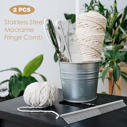 2 Pieces Macrame Comb and Tassel Brush Kit - Stainless Steel Combs for Pet Grooming, Macrame Fringe Cord and Supplies (Silver)
