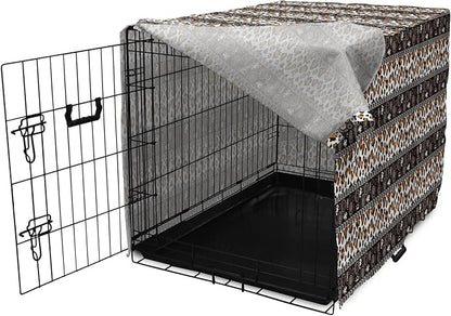 Ambesonne African Dog Crate Cover, Traditional Borders Cheetah Skin with Abstract Spirals and Circles, Easy to Use Pet Kennel Cover for Medium Large Dogs, 48 Inch, Pale Coffee Brown White