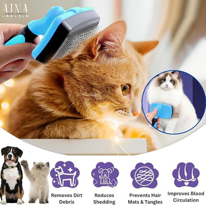 AINA Self-Cleaning Pet Grooming Brush | Pet Slicker Brush for Dogs & Cats Detangling & Fur Removal with Click Clean Button | Effective & Comfortable Pet Deshedding Brush, Perfect for Pet Grooming