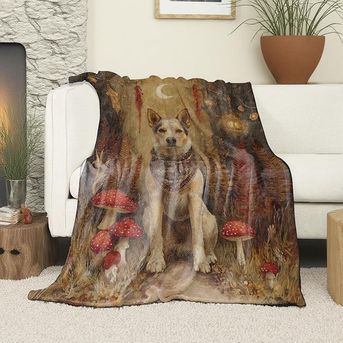 Mystical Dog Blanket, Soft Cozy Lightweight Enchanted Forest with Mushrooms, Ferns, and Lanterns Throw Blanket for Women Kids, Sofa Couch Bed 50x60 Inch Flannel Blankets for Travel Decor Gifts