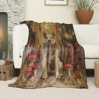 Mystical Dog Blanket, Soft Cozy Lightweight Enchanted Forest with Mushrooms, Ferns, and Lanterns Throw Blanket for Women Kids, Sofa Couch Bed 50x60 Inch Flannel Blankets for Travel Decor Gifts