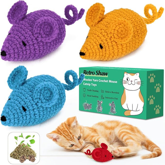 Retro Shaw Catnip Toys Crochet Mice Cat Toys,3 Pcs Yarn Cat Nip Mouse Animals Toy,Safe Teeth Cleaning Toy for Indoor Kittens
