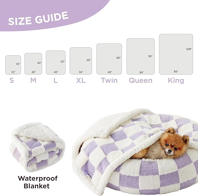 Lesure Waterproof Dog Blanket for Large Dogs - Washable Double Sided Dog Blankets with Warm Jacquard Shag and Soft Sherpa Fleece, Pet Cat Blanket for King Bed Protection, 3D Textured Checks, Purple