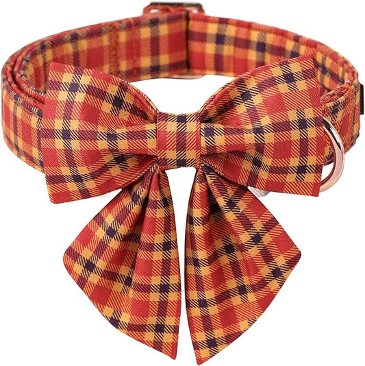 ARING PET Fall Dog Collar-Cotton Halloween Plaid Dog Collar with Bowtie, Adjustable Orange Halloween Dog Collars Pet Necklace with Metal Buckle for Girl&Boy Dogs