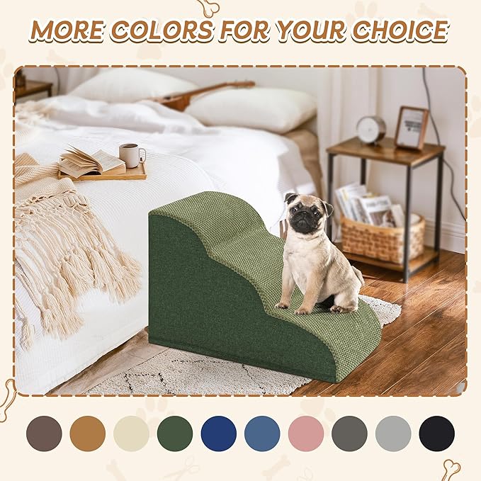 Romrol Dog Stairs Ramp for Beds Couches, Extra Wide Pet Steps with Durable Non-Slip Waterproof Fabric Cover, Pets Slope Stairs, 3-Tiers,Green