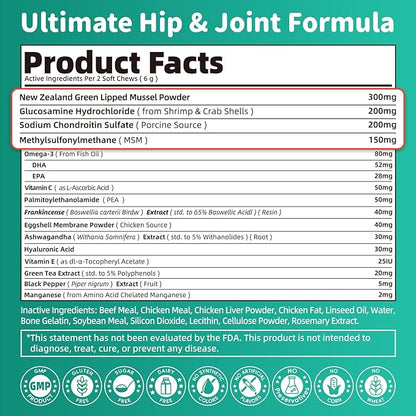 Dog Hip and Joint Supplement, 15-in-1 Advanced Glucosamine for Dogs with Chondroitin, MSM, New Zealand GLM, Pea, Omega 3 - Beef Flavor - 90 Soft Chews, Fits All Breeds and Sizes