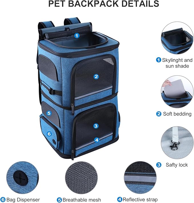 Double Cat Carrier for 2 Cats,Dog Backpack Carrier for Medium Dogs,Double Compartment Pet Carrier Backpack for Dual Pets,for Outdoor Traveling/Stroll and Picnic (Blue)