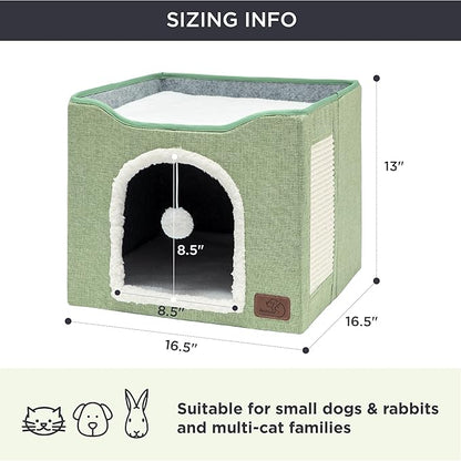 Bedsure Cat Beds for Indoor Cats - Large Cat Cave for Pet Cat House with Fluffy Ball Hanging and Scratch Pad, Foldable Cat Hideaway, 16.5x16.5x13 inches, Green