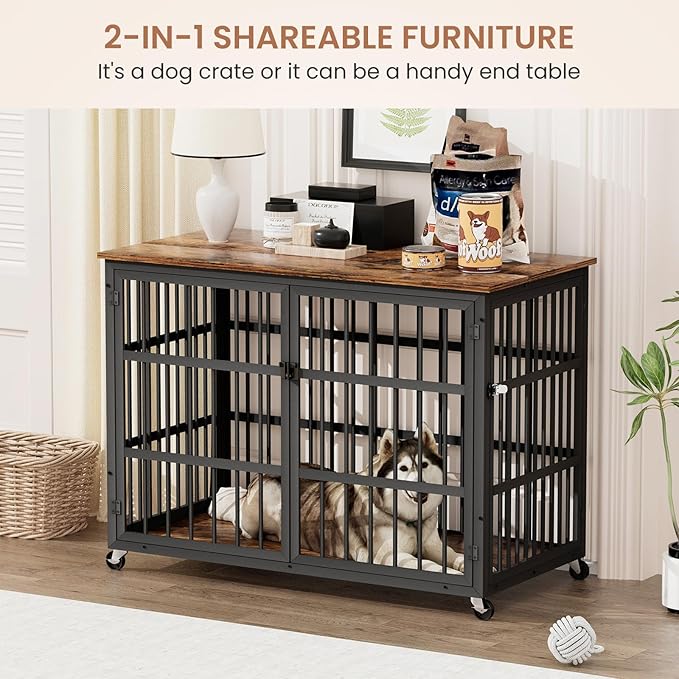 KEIKI Dog Crate Furniture, 43.3" Iron Dog Crate on Wheels with Side Openings, Double-Door Dog House for Small/Medium/Large Dog, Rustic Brown
