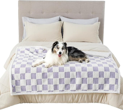 Lesure Waterproof Dog Blanket for Large Dogs - Washable Double Sided Dog Blankets with Warm Jacquard Shag and Soft Sherpa Fleece, Pet Cat Blanket for Bed Couch Protection, 3D Textured Checks, Purple