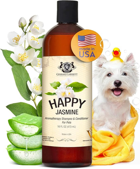 Dog Shampoo and Conditioner Happy Jasmine 16 Fl Oz - Dog Shampoo Itchy Skin Relief, Aromatherapy Natural Dog Shampoo for Smelly Dogs with Aloe Vera & Oatmeal Shampoo for Dogs by Gerrard Larriett