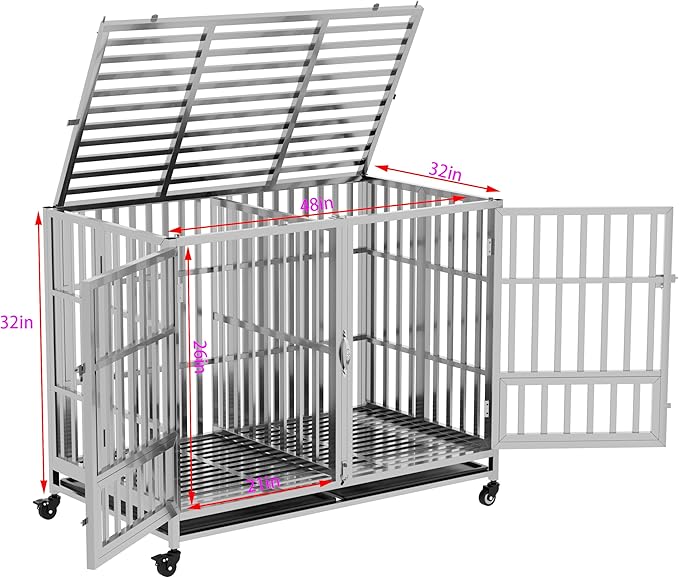 37" 42" 48" Heavy Duty Dog cage Stainless Steel Metal Kennel and Crate, Collapsible for Medium to Large Dogs, Easy to Assemble pet Pen with Four Lockable Wheels, Black Tray (48in-sm)