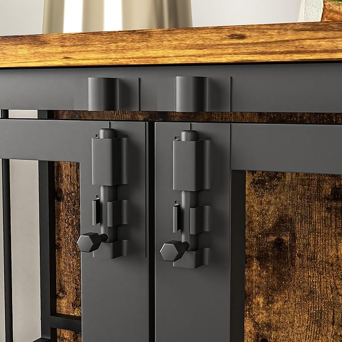 NicBex Dog Crate Furniture Dog Cage with 360 Degree Rotation Height Adjustable Feeding Bowls, Dog Kennels for Inside, Wooden Dog Crate with Lift Panel and Wheels, Antique Brown