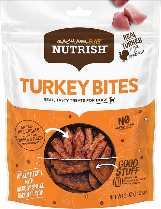 Rachael Ray Nutrish Turkey Bites Real Meat Grain Free Dog Treats, Turkey Recipe with Hickory Smoked Bacon Flavor, 5 Ounces (Pack of 5) Packaging May Vary