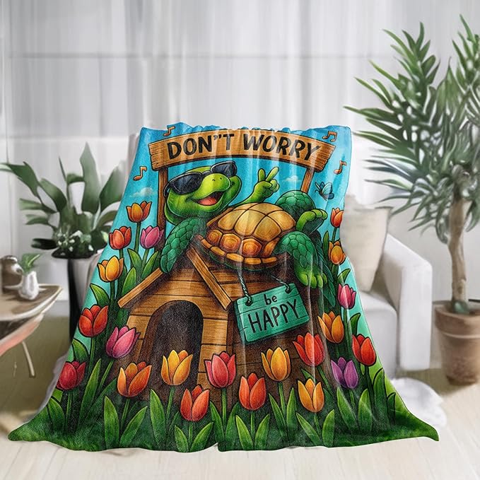 Happy Turtle Flannel Blanket Relaxed Tortoise with Tulips Sunglasses and Colorful Garden Throw Blankets Lightweight Soft for Party Bed Sofa Camping Travel, Home Farm Decor Gifts Kids, 50x60in