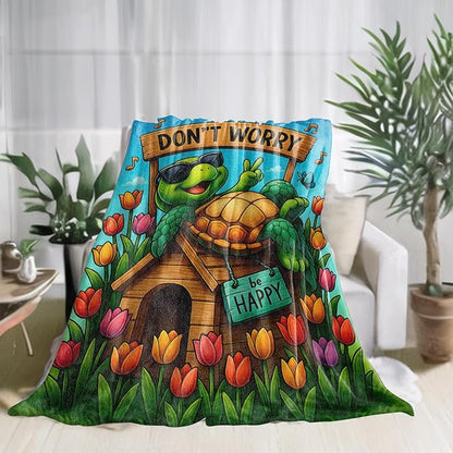 Happy Turtle Flannel Blanket Relaxed Tortoise with Tulips Sunglasses and Colorful Garden Throw Blankets Lightweight Soft for Party Bed Sofa Camping Travel, Home Farm Decor Gifts Kids, 50x60in