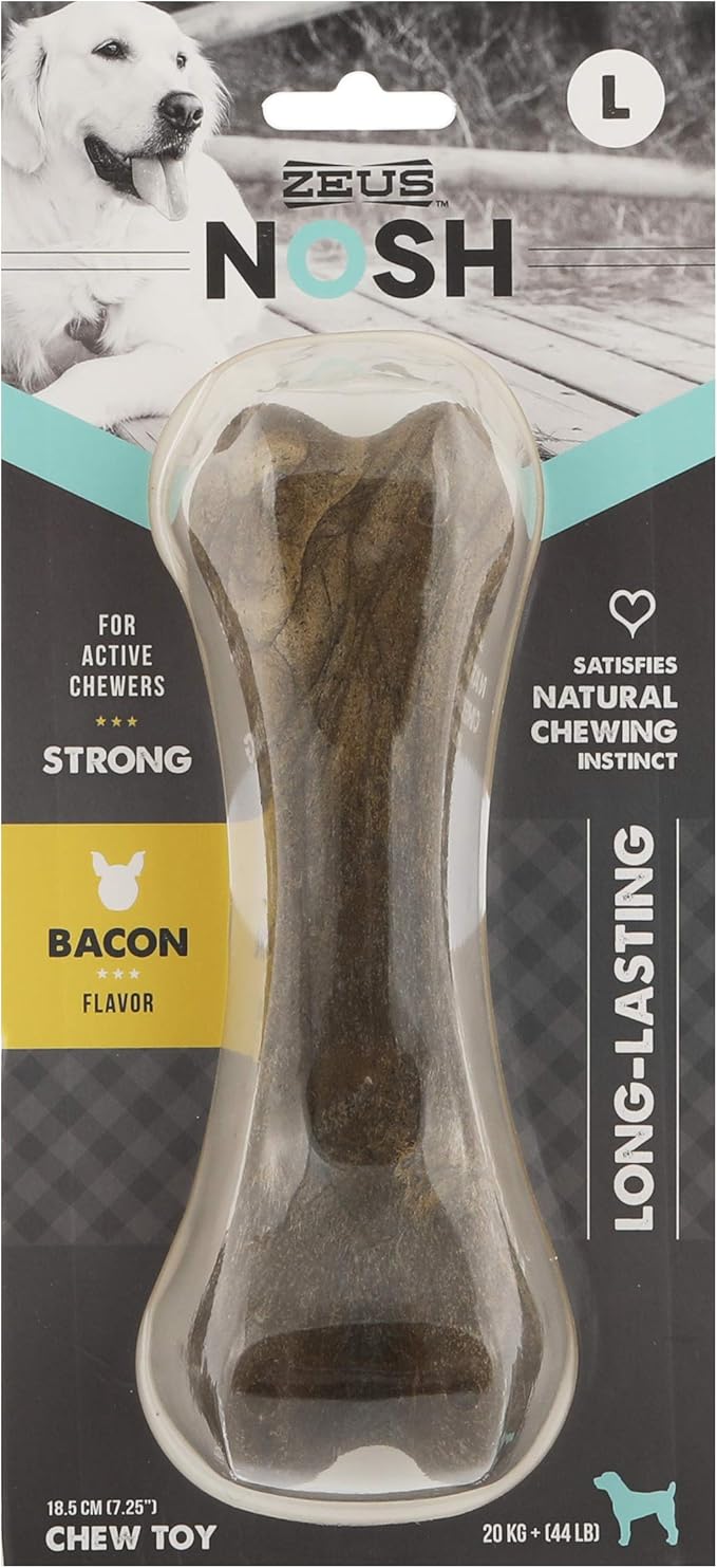 ZEUS Nosh Strong Dog Chew Bones, Dog Chew Toys for Aggressive Chewers, Long Lasting Bacon Flavor, Large