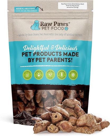 Raw Paws Freeze Dried Chicken Hearts for Dogs, 4-oz, Whole - Made in USA - Freeze Dried Hearts for Dogs - Single Ingredient Freeze Dried Chicken Dog Treats - Freeze Dried Chicken for Dogs