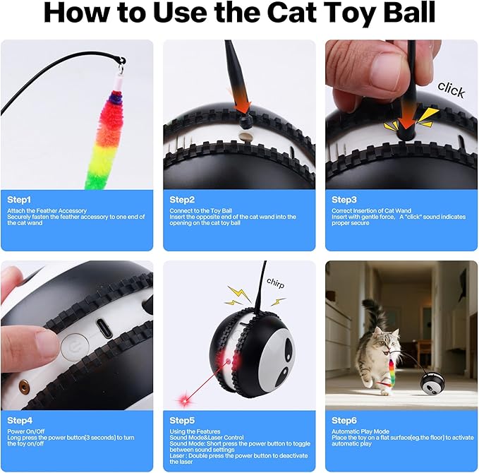 Pet Prime Interactive Cat Toy Motion Activated Cat Laser Toy Automatic Self Moving Ball with Bird Chirping,Rechargeable Exercise Stimulation Toys for Bored Black