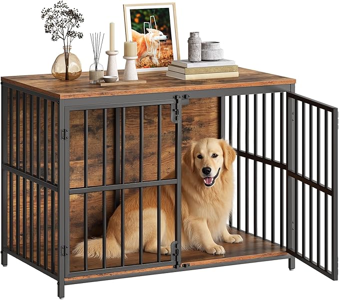 HOOBRO 38.6" Dog Crate Furniture, Wooden Dog Kennel Indoor, Chew-Resistant Heavy Duty Dog Cage for Small/Medium Dog, Decorative Side End Table, Rustic Brown and Black BF100GW03