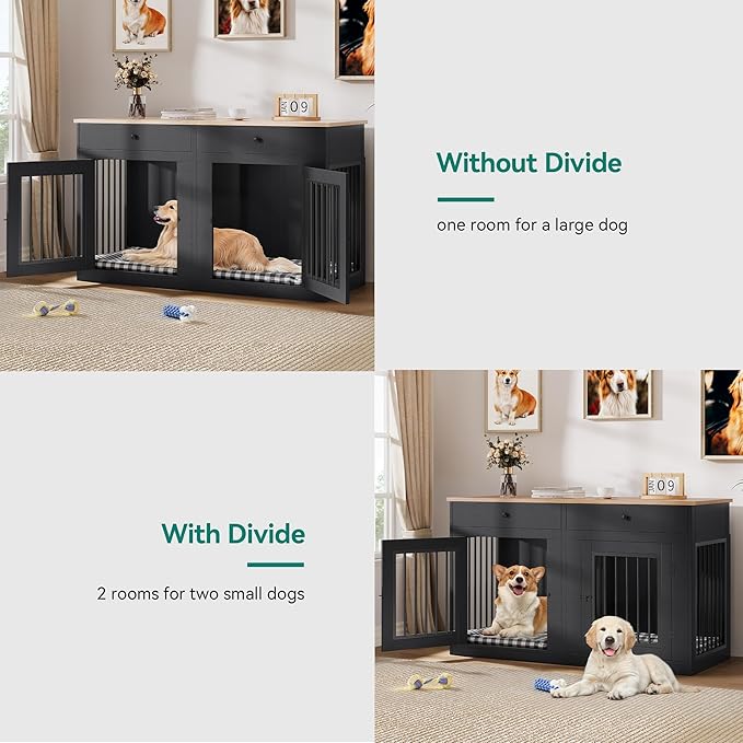 YITAHOME 60" Wooden Dog Crate Furniture with Removable Divider & Storage Drawers, Double Door Kennel with Locks for Medium and Large Dogs, Multi-Functional Dog Crate End Table for Indoor use, Black