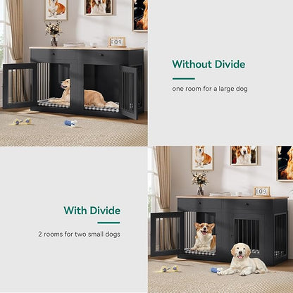 YITAHOME 60" Wooden Dog Crate Furniture with Removable Divider & Storage Drawers, Double Door Kennel with Locks for Medium and Large Dogs, Multi-Functional Dog Crate End Table for Indoor use, Black