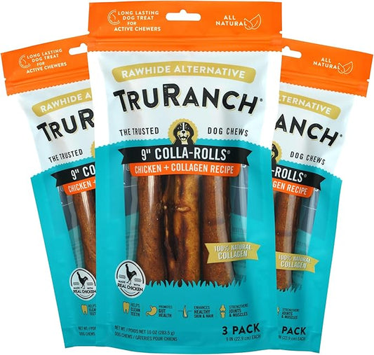 TRURANCH Collagen Rolls - 9" Collagen Rolls for Dogs - Long Lasting Healthy Joint Support - Rawhide Alternative - Skin & Coat Health - Made with Real Chicken, Value Pack, 3 Bags, 9 Count
