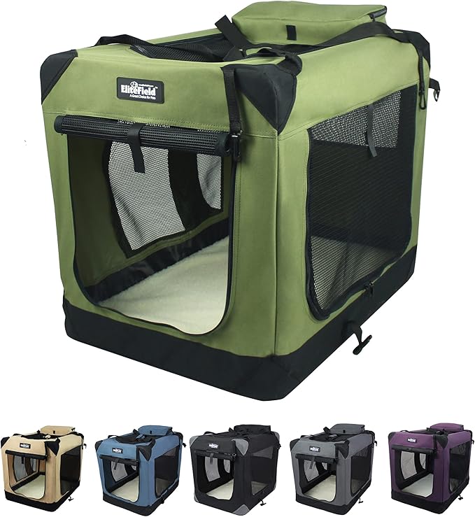 EliteField 3-Door Folding Soft Dog Crate with Carrying Bag and Fleece Bed (2 Year Warranty), Indoor & Outdoor Pet Home (20" L x 14" W x 14" H, Sage Green)