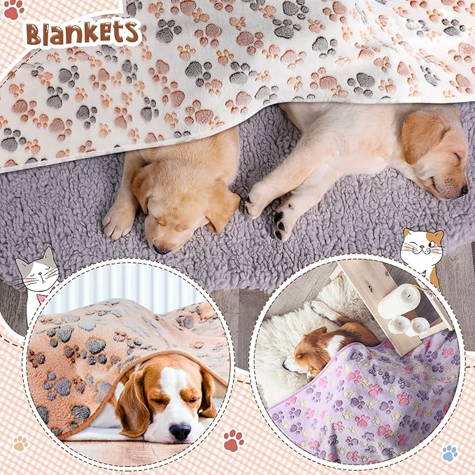 Tatuo 4 Pcs Dog Blanket Pet Puppy Blanket Puppy Teething Toys Paw Print Fleece Blanket for Pet Cat Soft Warm Sleep Mat Guinea Pig Cage Blanket(Large(36 x 36 Inch),White, Coffee, Pink, Purple)