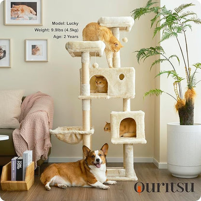 Ouritsu Cat Tree, 57 inch Cat Tower for Large Cat Indoor, 2 Top Perches with 1 Widened, 2 Condos with 1 Enlarged, Steel Frame Hammock, Scratching Posts and Scratching Pad, Beige, LF003WH