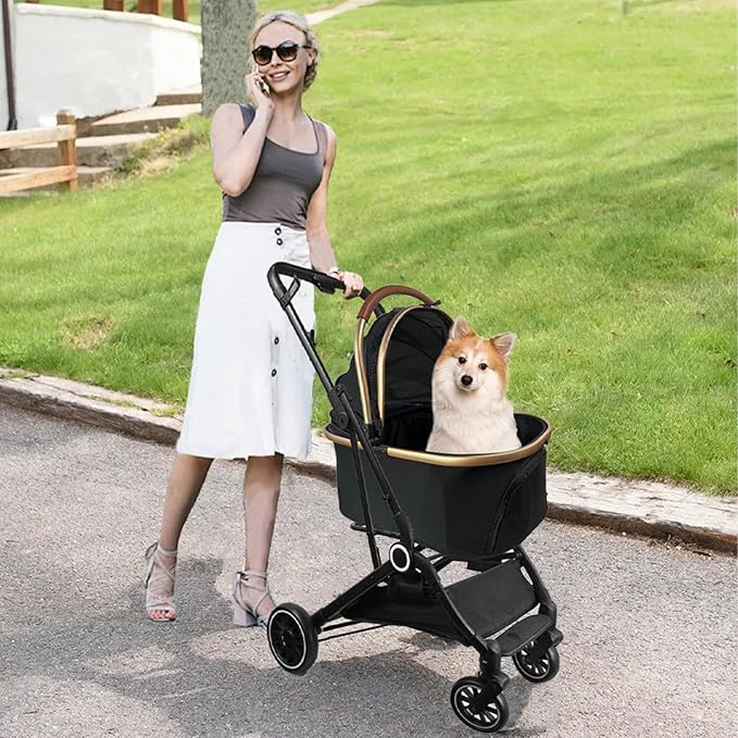 3 in 1 Folding Pet Stroller, Detachable Folding Medium and Small Pet Dog Cat Strollers with Storage Bins and Cup Holders Carbon Steel Frame 4-Wheel Pet Travel Stroller (Black)